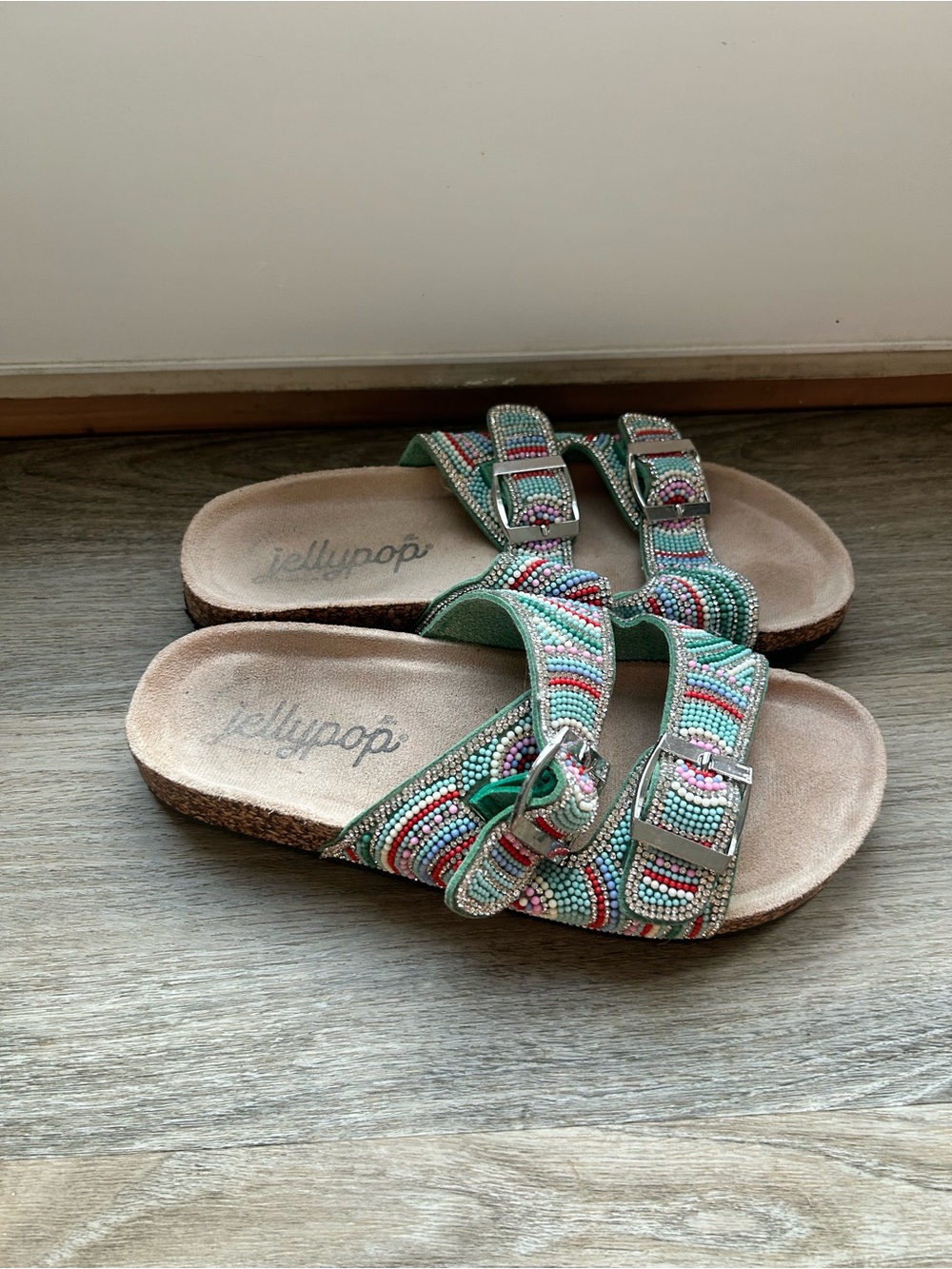 Jellypop Mint Beaded Double-Buckle Slide Sandals
